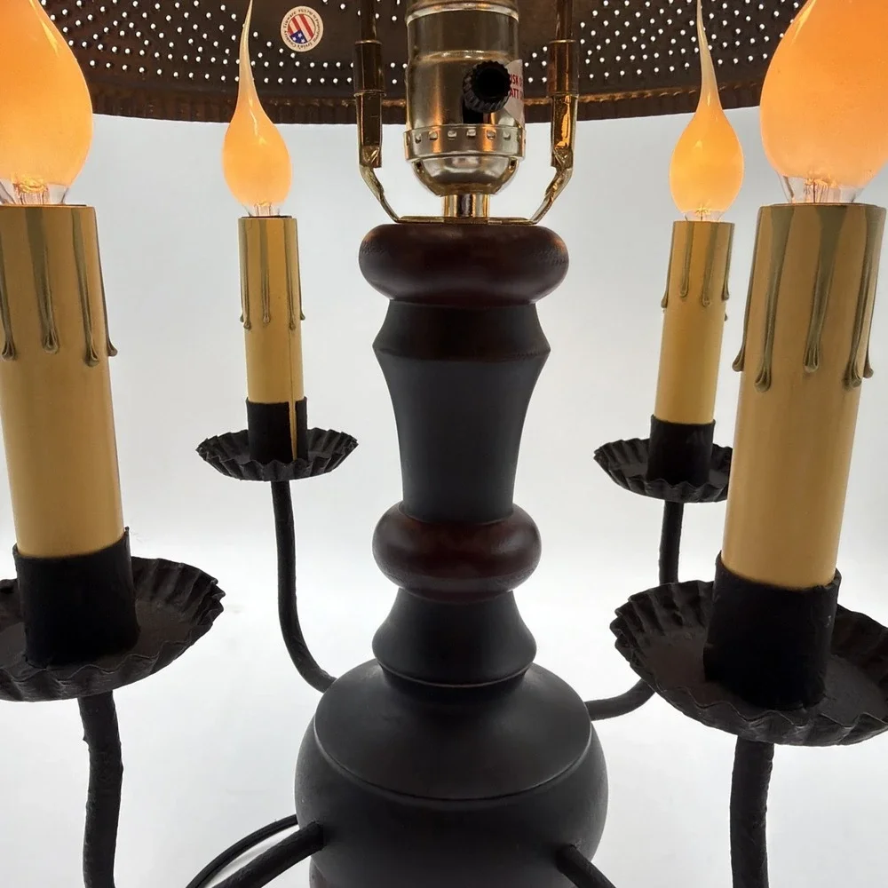 Cedar Creek Lamp W/Sturbridge Red Over Black & Kettle Black Punched Tin Shade